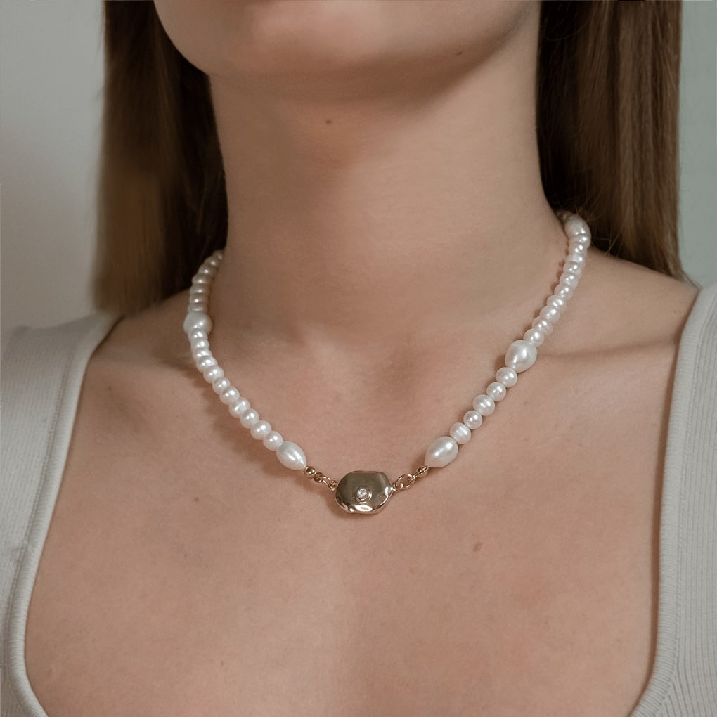 emma pearl necklace on model